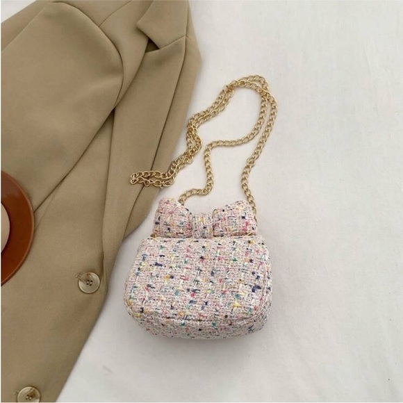 Chic Pink & Rainbow Multi Tweed Mini Flap Crossbody Bag w Top Bow OS New - Picture 5 of 6